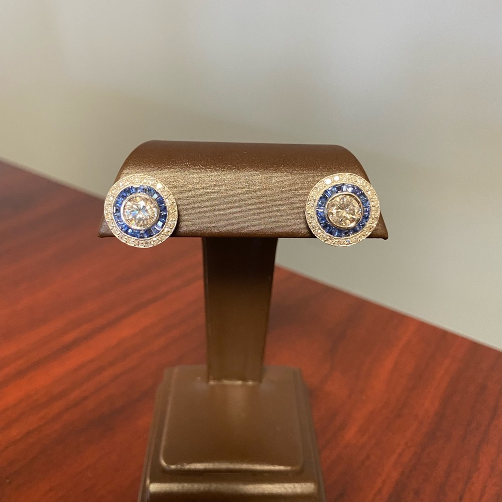 Vintage Platinum 2.70ctw Diamond & Sapphire Halo Earrings - Picture 10 of 10